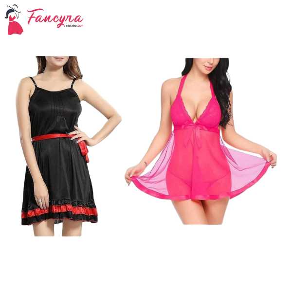 Fancyra Set Of 2 Women Lingerie Net Solid Above Knee Baby Doll With G String Panty And Robe Free Size Black And Pink Color