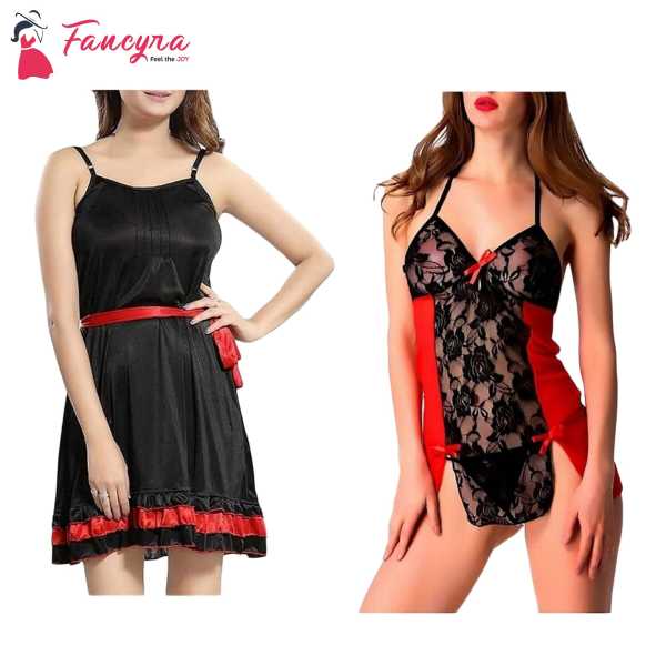 Fancyra Set Of 2 Women Lingerie Net Solid Above Knee Baby Doll With G String Panty And Robe Free Size Black And Red Color