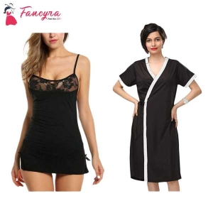 Fancyra Set Of 2 Women Lingerie Net Solid Above Knee Baby Doll With G String Panty And Robe Free Size Black Color