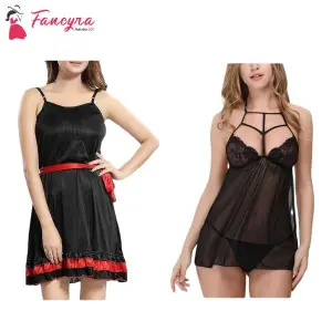 Fancyra Set Of 2 Women Lingerie Net Solid Above Knee Baby Doll With G String Panty And Robe Free Size Black Color
