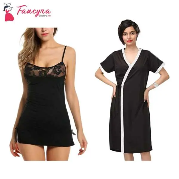 Fancyra Set Of 2 Women Lingerie Net Solid Above Knee Baby Doll With G String Panty And Robe Free Size Black Color