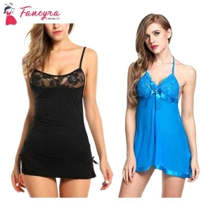 Fancyra Set of 2 Women Lingerie Net Solid Above Knee Baby Doll With G String Panty Free Size Black And Aqua Color