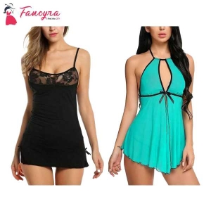 Fancyra Set Of 2 Women Lingerie Net Solid Above Knee Baby Doll With G String Panty Free Size Black And Green Color