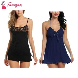 Fancyra Set of 2 Women Lingerie Net Solid Above Knee Baby Doll With G String Panty Free Size Black And Navy Blue Color