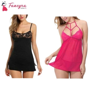 Fancyra Set of 2 Women Lingerie Net Solid Above Knee Baby Doll With G String Panty Free Size Black And Pink Color