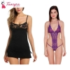 Fancyra Set Of 2 Women Lingerie Net Solid Above Knee Baby Doll With G String Panty Free Size Black And Purple Color