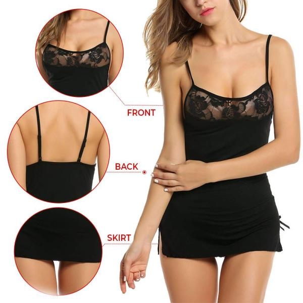 Fancyra Set Of 2 Women Lingerie Net Solid Above Knee Baby Doll With G String Panty Free Size Black And Purple Color - Image 5