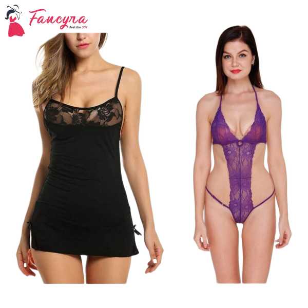 Fancyra Set Of 2 Women Lingerie Net Solid Above Knee Baby Doll With G String Panty Free Size Black And Purple Color