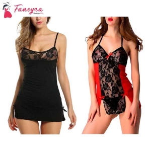 Fancyra Set Of 2 Women Lingerie Net Solid Above Knee Baby Doll With G String Panty Free Size Black And Red Color