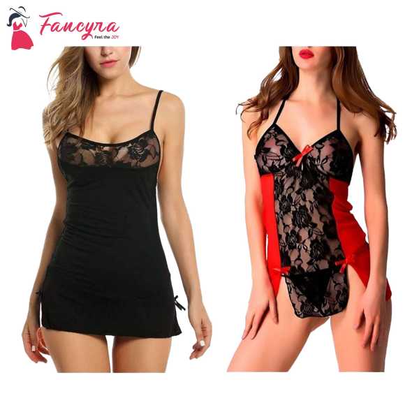 Fancyra Set Of 2 Women Lingerie Net Solid Above Knee Baby Doll With G String Panty Free Size Black And Red Color