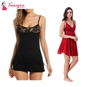 Fancyra Set Of 2 Women Lingerie Net Solid Above Knee Baby Doll With G String Panty Free Size Black And Rose Red Color