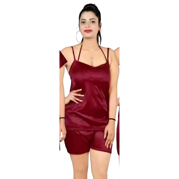 Fancyra Set of 4 Women Solid Satin Above Knee Length Nightwear Nighty Set - Image 4