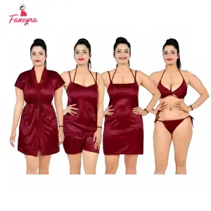 Fancyra Set of 4 Women Solid Satin Above Knee Length Nightwear Nighty Set