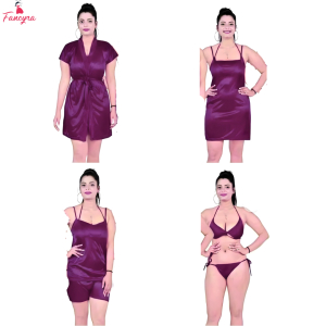Fancyra Set of 6 Pieces Women Plain Satin Above Knee Length Nightwear Nighty Set