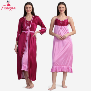 Fancyra Set Of Two Piece Satin Silk Women Nighty Nightwear With Outer Robe