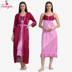 Fancyra Set Of Two Piece Satin Silk Women Nighty Nightwear With Outer Robe