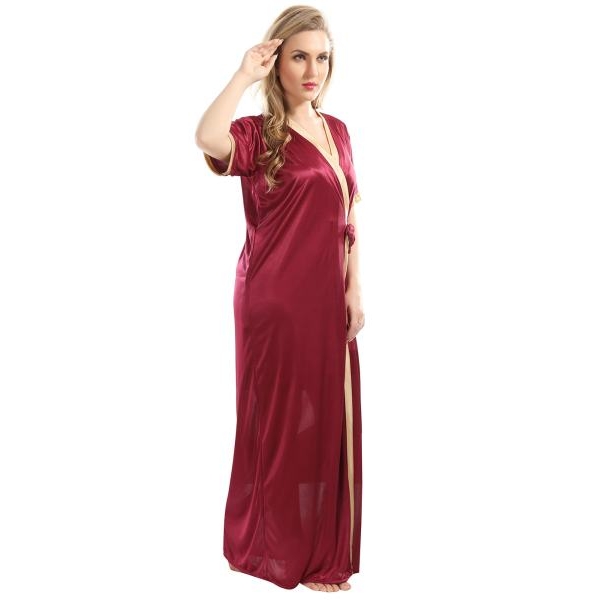 Fancyra Set Of Two Piece Satin Silk Women Nighty Nightwear With Robe - Image 4