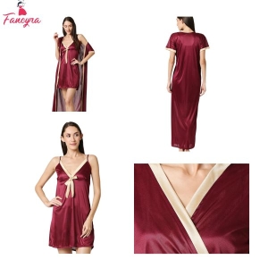 Fancyra Set Of Two Piece Satin Silk Women Nighty Nightwear With Robe