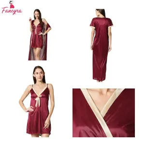 Fancyra Set Of Two Piece Satin Silk Women Nighty Nightwear With Robe