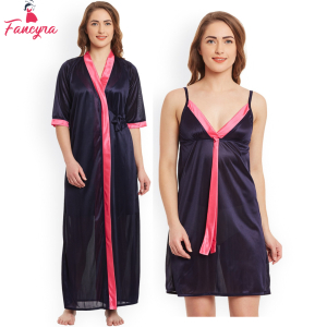 Fancyra Set Of Two Robe Night Dress Satin Silk Sleepwear Nightwear Women Nighty