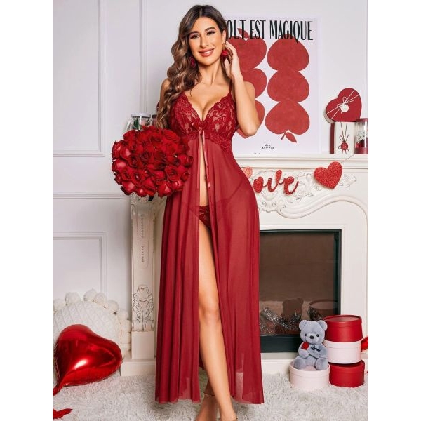 Fancyra Sheer Solid Long Nightwear Baby Doll Lingerie for Women - Image 2
