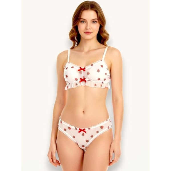 Fancyra Sheer Strawberry Print Transparent Babydoll with Bralette & Panty For Women - Image 2