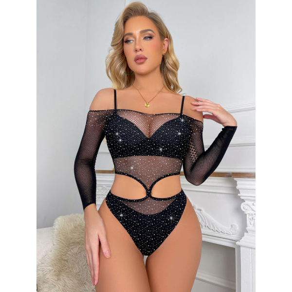Fancyra Shiny Rhinestone Mesh Bodysuit Lingerie Bodystocking For Women - Image 4