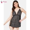 Fancyra Side Slit Babydoll Lingerie Satin Lace Printed Chemise Nightgown Sleepwear For Women