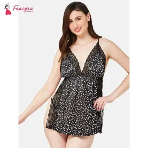 Fancyra Side Slit Babydoll Lingerie Satin Lace Printed Chemise Nightgown Sleepwear For Women
