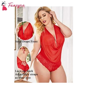 Fancyra Sleepwear Baby doll Nightwear Lingerie Teddy One Piece Lace Halter Bodysuit Free Size Red Color