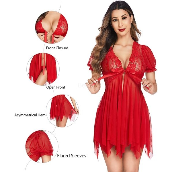 Fancyra Sleepwear Chemise Nightgown Full Lace Sling Combo Babydoll Lingerie With G-String Panty Free Size For Women - Image 5