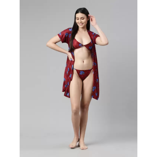 Fancyra Sleepwear Nightwear Nighty with Robe Swimwear Bikini Set For Women Free Size - Image 3