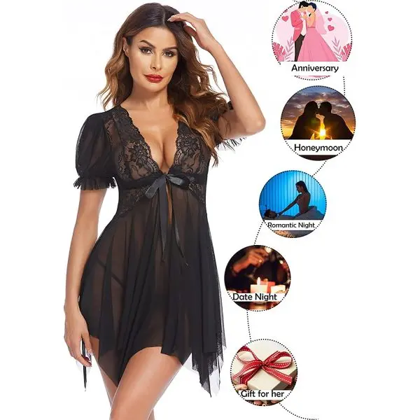 Fancyra Sleepwear Women Chemise Nightgown Full Lace Sling Dress Babydoll Lingerie With G-String Panty Free Size Black Color - Image 3