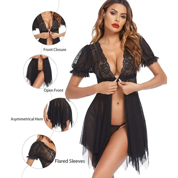 Fancyra Sleepwear Women Chemise Nightgown Full Lace Sling Dress Babydoll Lingerie With G-String Panty Free Size Black Color - Image 4