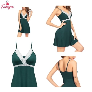 Fancyra Sleepwear Womens Chemise Nightgown Full Lace Sling Dress Babydoll Lingerie Honeymoon First Night Anniversary Free Size Dark Green Color
