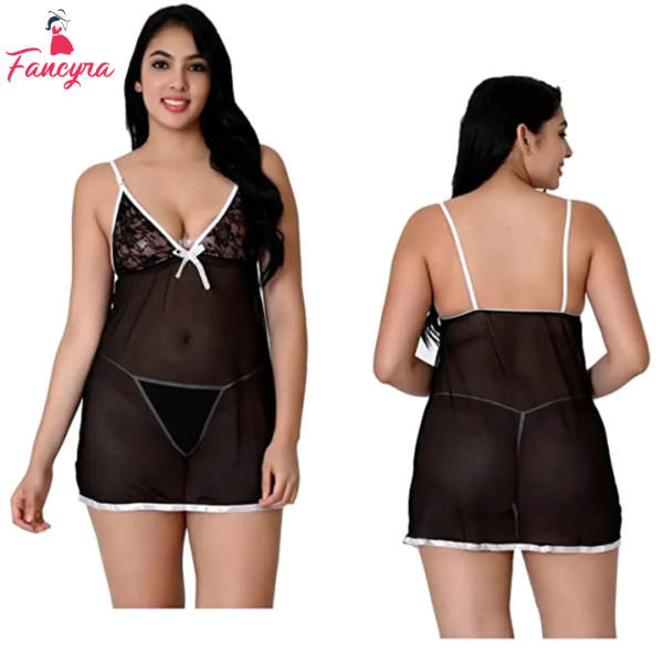 Fancyra Soft Net Babydoll Above knee Lingerie With G string Panty Free Size Black Color For Women - Image 2
