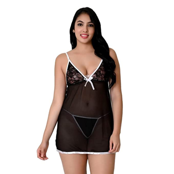 Fancyra Soft Net Babydoll Above knee Lingerie With G string Panty Free Size Black Color For Women - Image 3