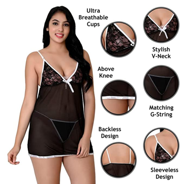 Fancyra Soft Net Babydoll Above knee Lingerie With G string Panty Free Size Black Color For Women - Image 5