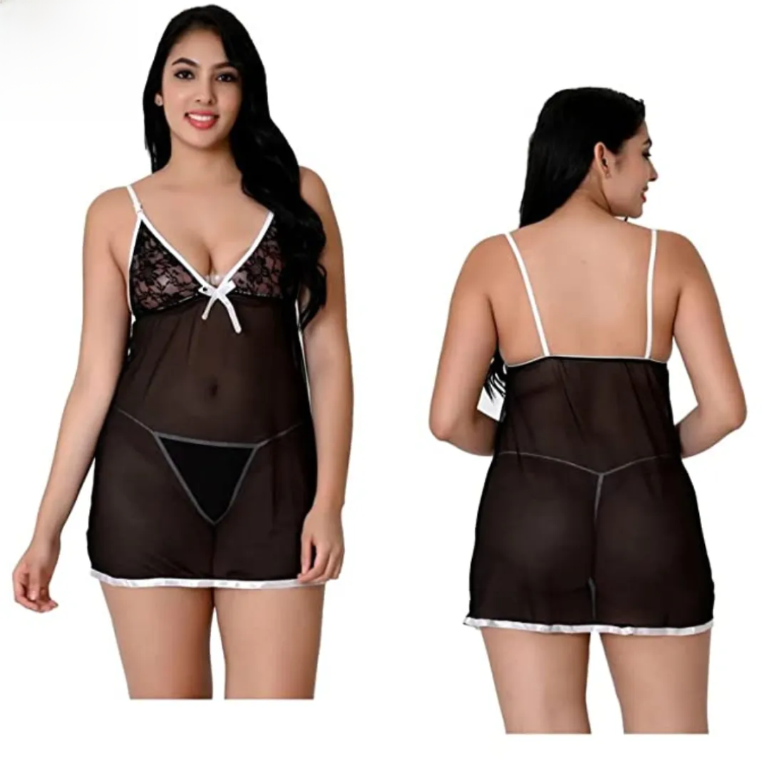 Fancyra Soft Net Babydoll Above knee Lingerie With G string Panty Free Size Black Color For Women