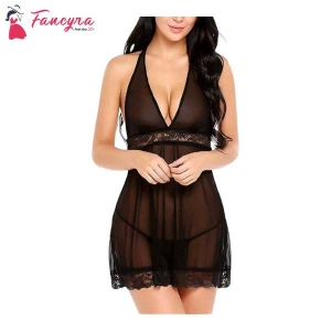 Fancyra Soft Net Sleeveless Night Dress With G String Panty For Women- Black