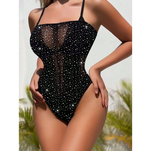 Fancyra Sparkle Mesh Black Rhinestone One Piece Bodysuit High Cut Mesh Nightwear for Women - Image 4