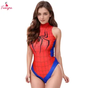 Fancyra Spider Superhero Bodysuit for Women One-Piece Sleeveless Red & Blue Cosplay Costume | Roleplay Lingerie & Party Outfit