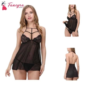 Fancyra Stylish Babydoll Lingerie Set with G String Panty Free Size Black Color