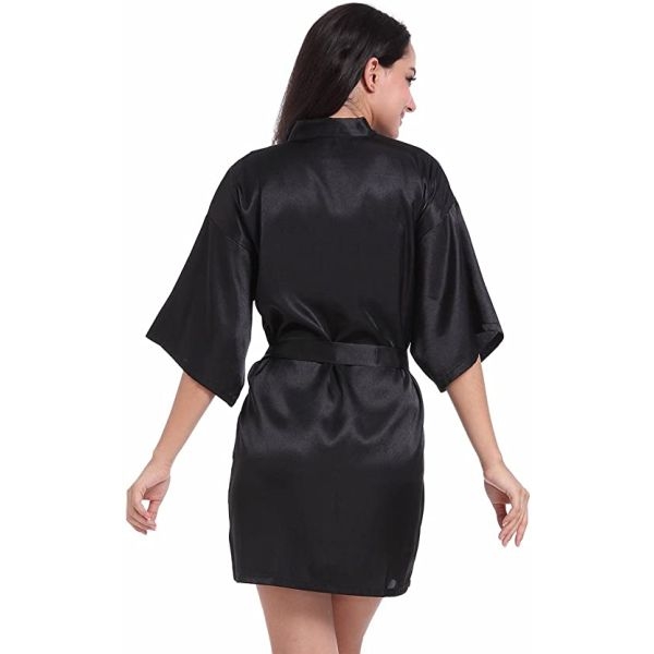 Fancyra Stylish Half Sleeve Dressing Gowns For Women Short Satin Kimono Robes Free Size Black Color - Image 2