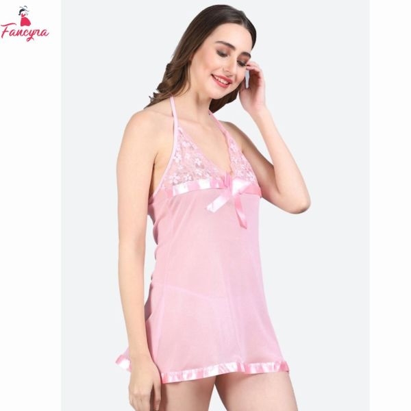 Fancyra Stylish Nightwear Baby Doll Lingerie For Honeymoon With G String Panty Free Size Pink Color - Image 3