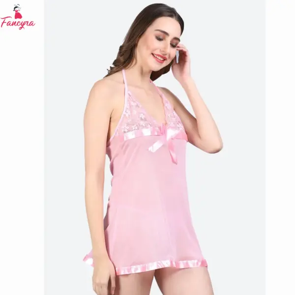 Fancyra Stylish Nightwear Baby Doll Lingerie For Honeymoon With G String Panty Free Size Pink Color - Image 4