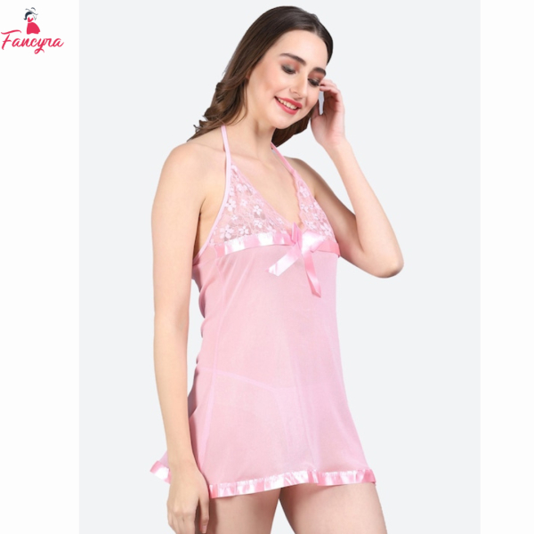 Fancyra Stylish Nightwear Babydoll Lingerie For Honeymoon With G String Panty Free Size Pink Color - Image 2