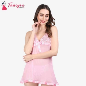 Fancyra Stylish Nightwear Babydoll Lingerie For Honeymoon With G String Panty Free Size Pink Color