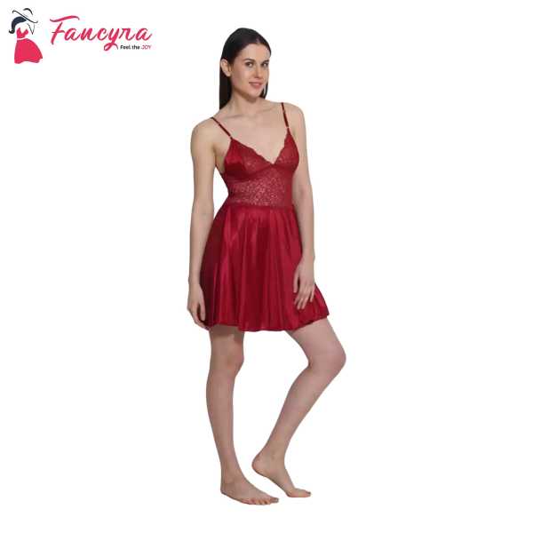 Fancyra Stylish Nightwear Dress Babydoll Lingerie Nighty for Women Free Size Rose Red Color