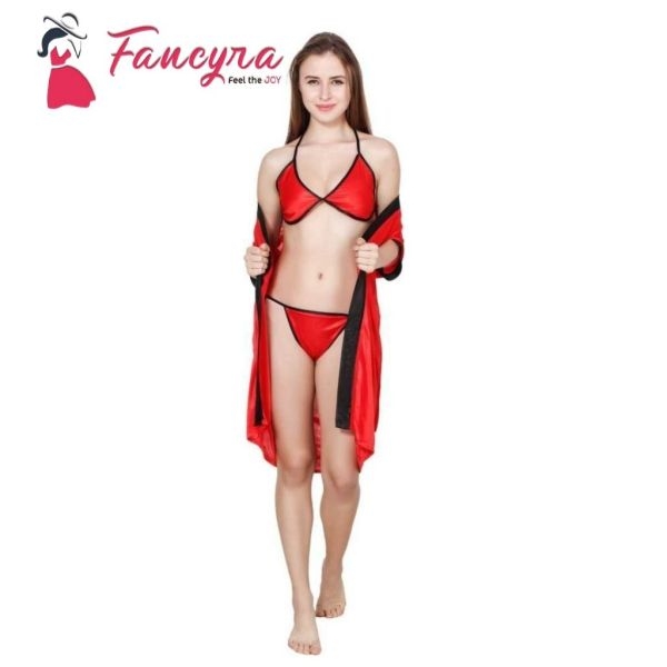 Fancyra Stylish Nightwear Set With Robe And Bikini Bra Panty Free Size Red Color - Image 2